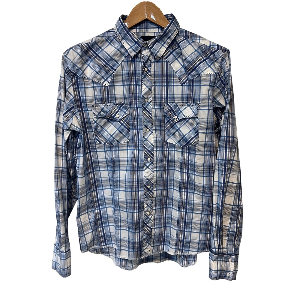 Wrangler Western Shirt Men XL Blue Plaid Pearl Snap Long Sleeve MVG253M Yoke A48